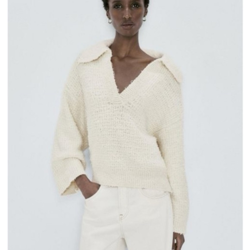 Massimo Dutti TEXTURED KNIT POLO COLLAR SWEATER size M beige/ cream NWOT